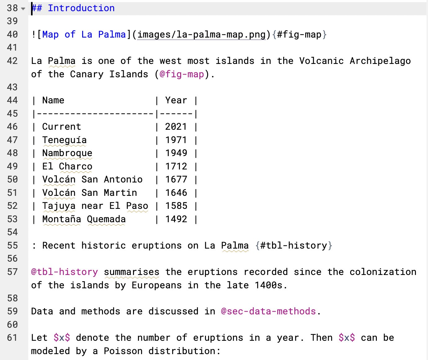 Screenshot of the file `index.qmd` open in the Source Editor. File shows line numbers and the raw markdown for inserting a figure and table.