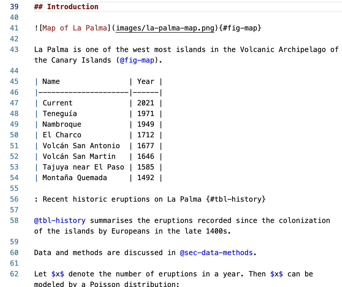 Screenshot of the file `index.qmd` open in the Source Editor. File shows line numbers and the raw markdown for inserting a figure and table.