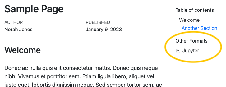 Screenshot of an HTML page that includes a link to the Jupyter format below the table of contents under the heading Other Formats.