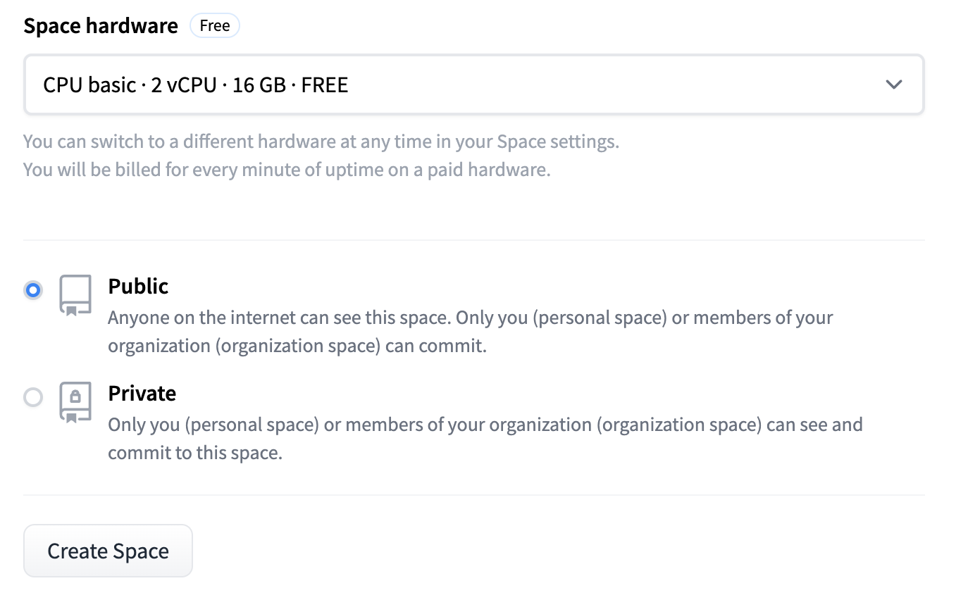 Screenshot of Hugging Face UI showing: a dropdown labelled 'Space Hardware', two radio buttons labelled Public (selected) and Private, and a button labelled 'Create Space'.