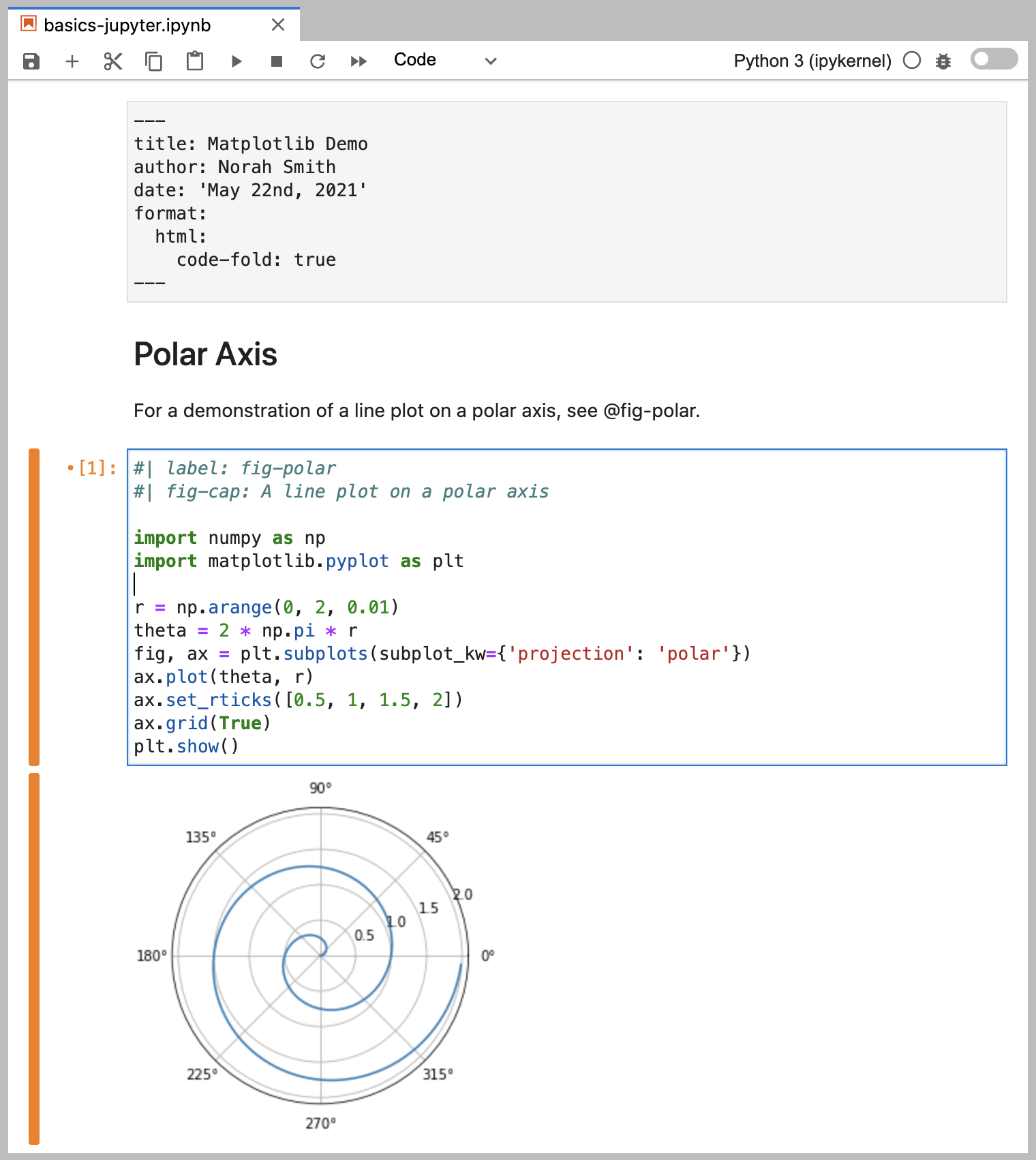 A Jupyter notebook with, from top to bottom, some yaml frontmatter, a section heading, a code block, and the output of the code block. The contents are the same as the first part of the 'Welcome' page of this website.