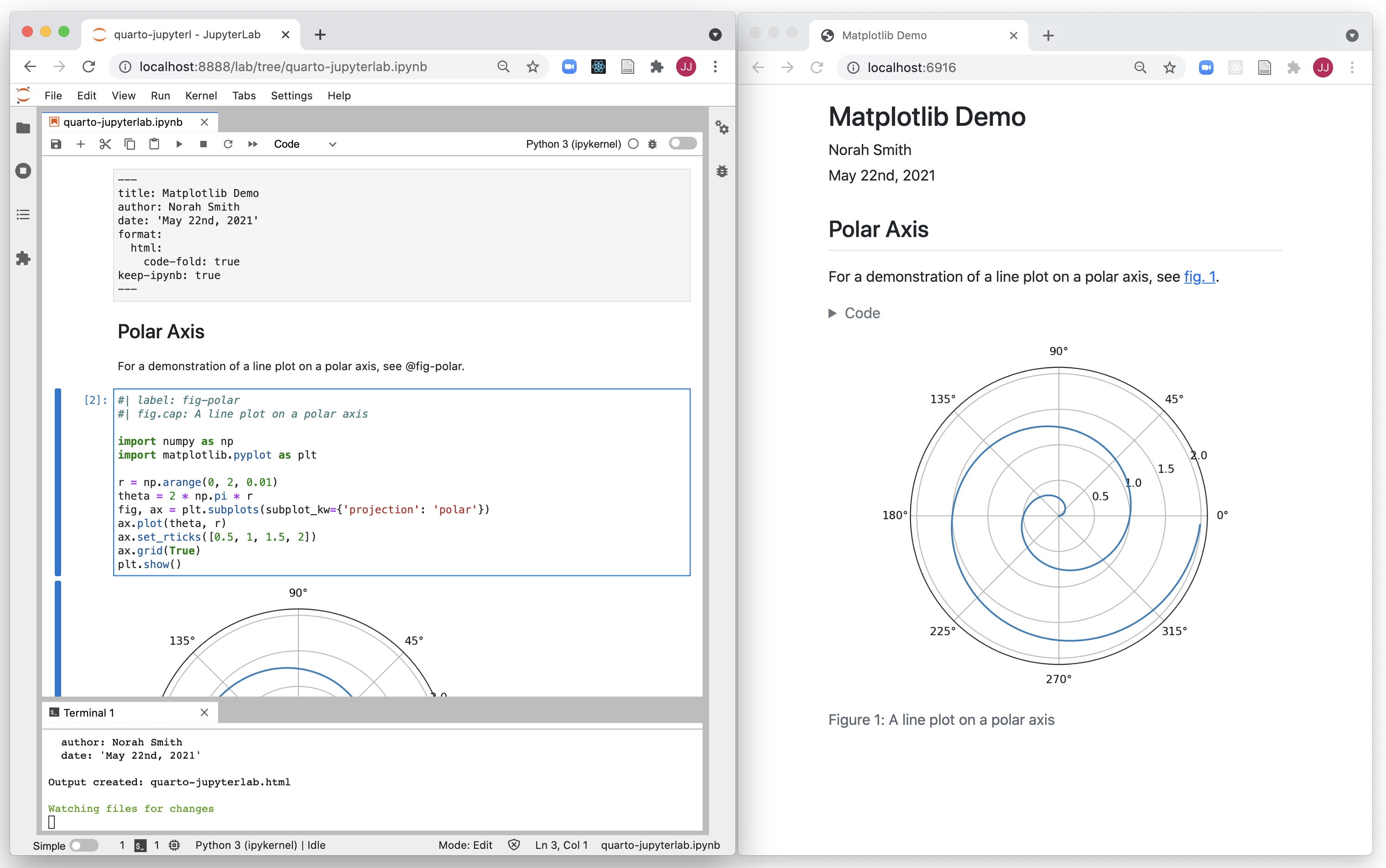 Two web browser windows arranged side by side. The window on the left is a JupyterLab window. The contents of this Jupyter document are rendered by Quarto in the window on the right.