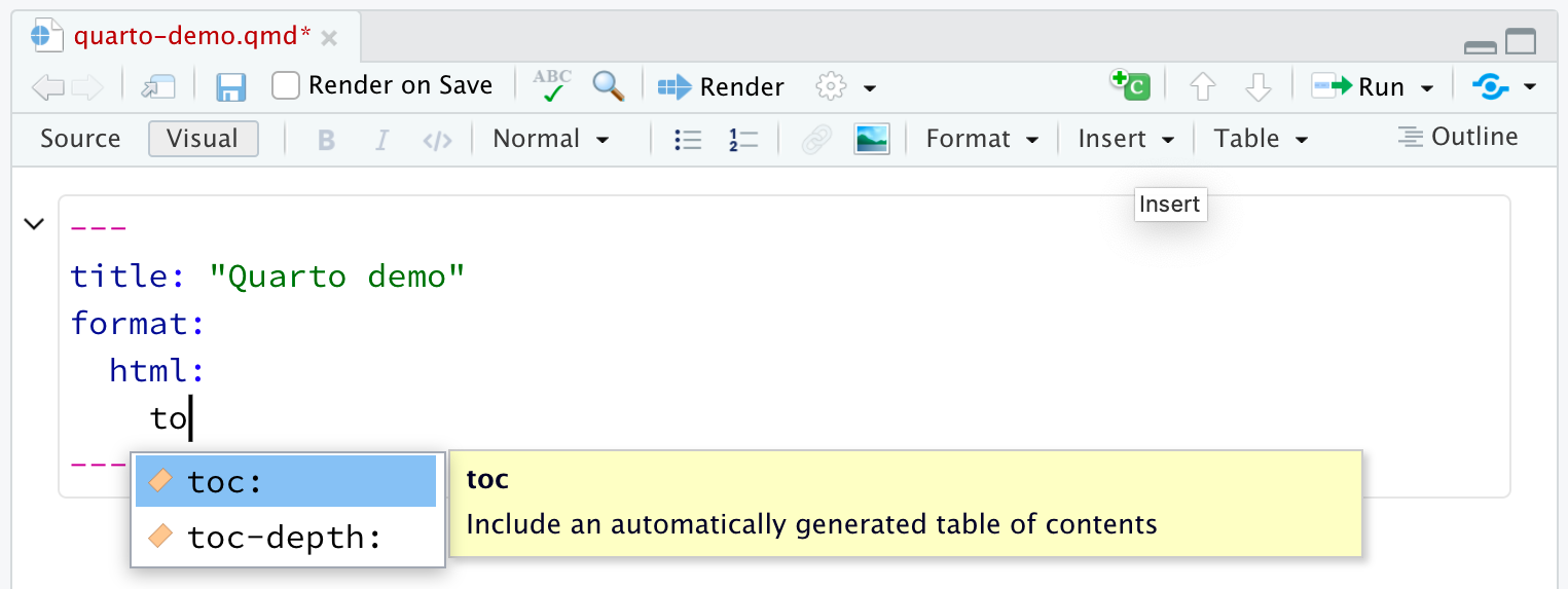 Quarto document with YAML being edited. Next to the cursor code completion helper is open showing YAML options beginning with the letters preceding the cursor ('to').