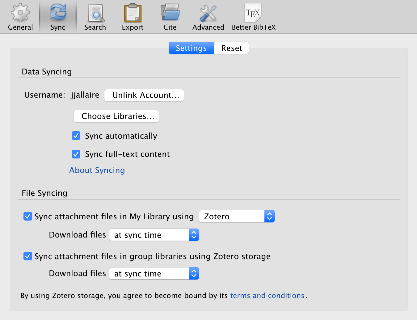 The Sync tab of Zotero preferences.