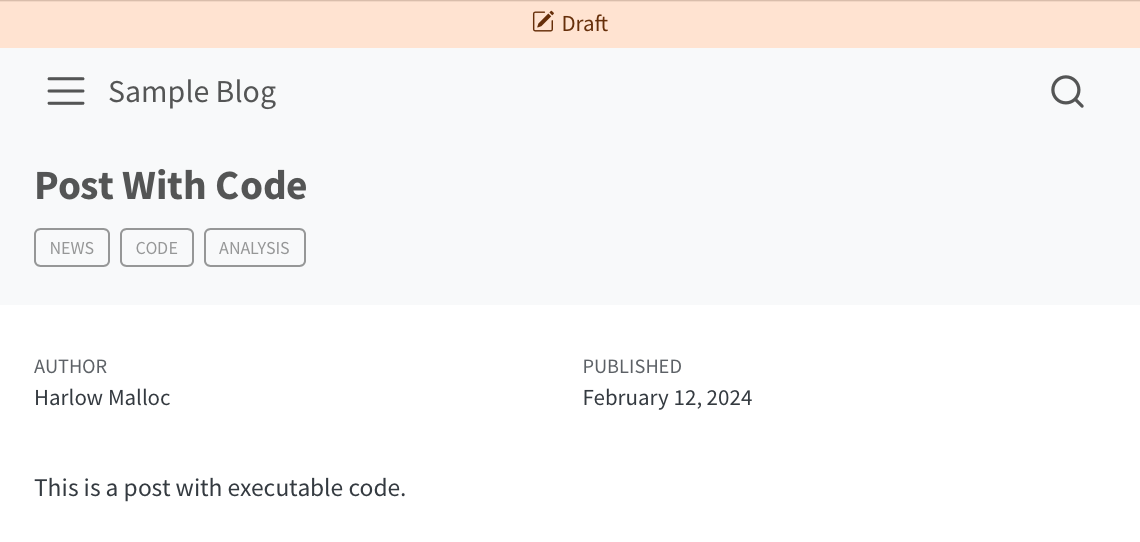 Screenshot of a post titled 'Post With Code', displaying a banner at the top of the page titled 'Draft'.